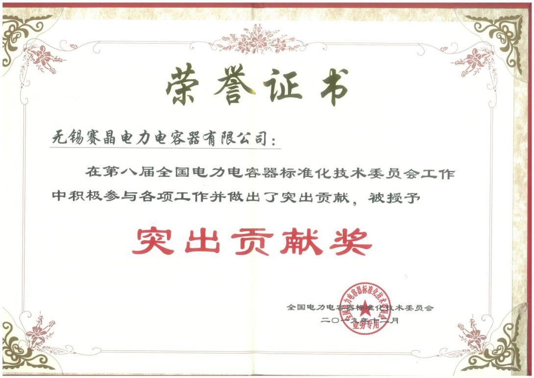 無錫賽晶榮獲全國電力電容器標(biāo)準(zhǔn)化技術(shù)委員會(huì)突出貢獻(xiàn)獎(jiǎng)